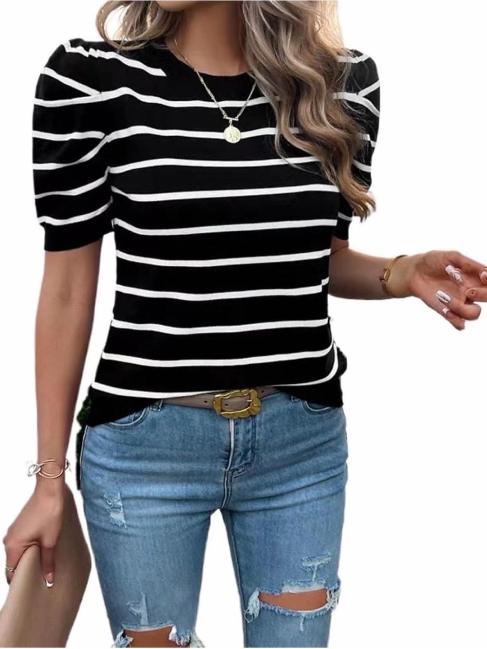 A37 Generic Women Striped Short Sleeve Sweater Crew Neck Casual Pullover NEW